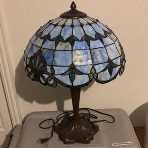 Tiffany Style Stained Glass Table Lamp with Blue, Green and Brown Design